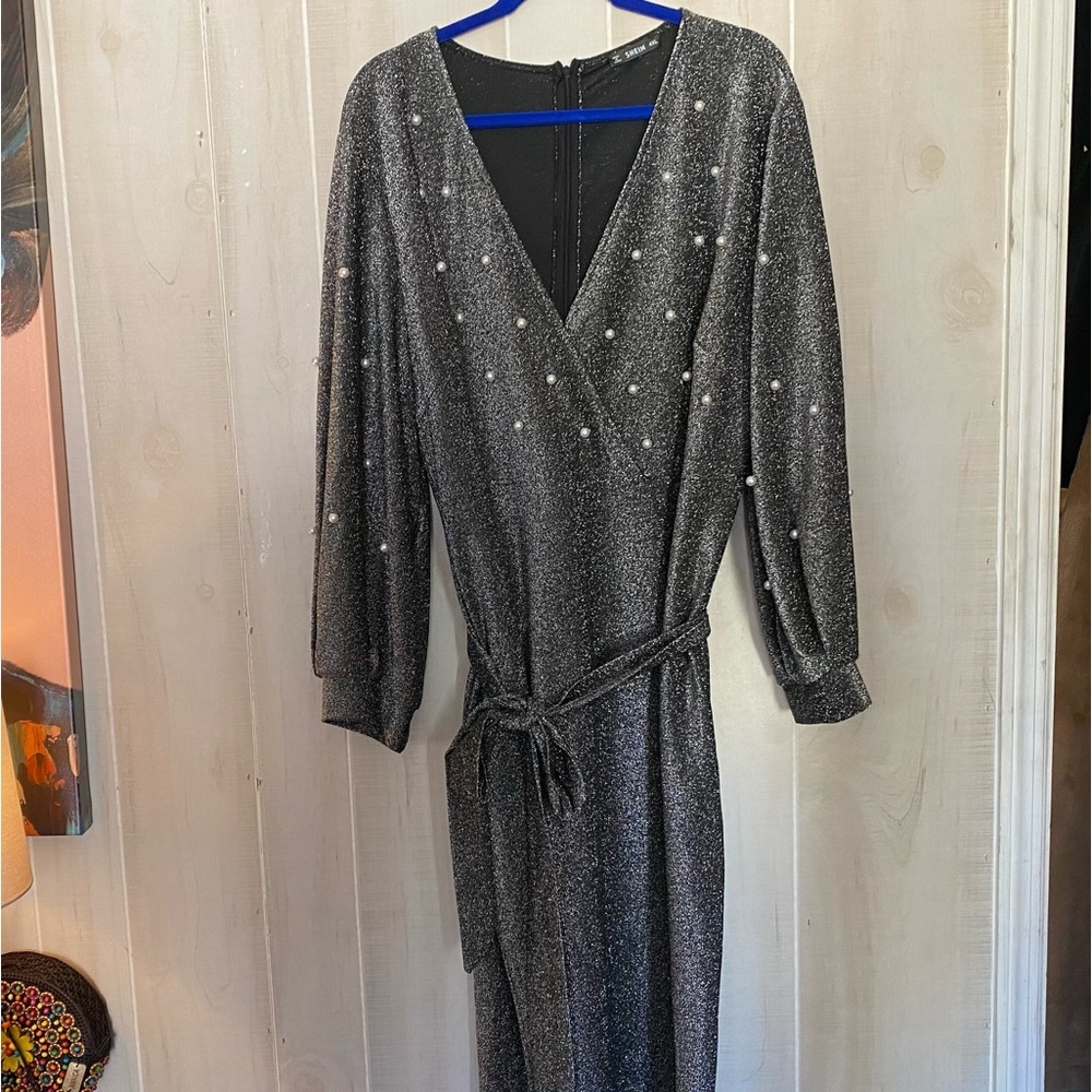 Plus Metallic Silver Pearl Embellished Belted Midi Dress with Lantern Sleeves